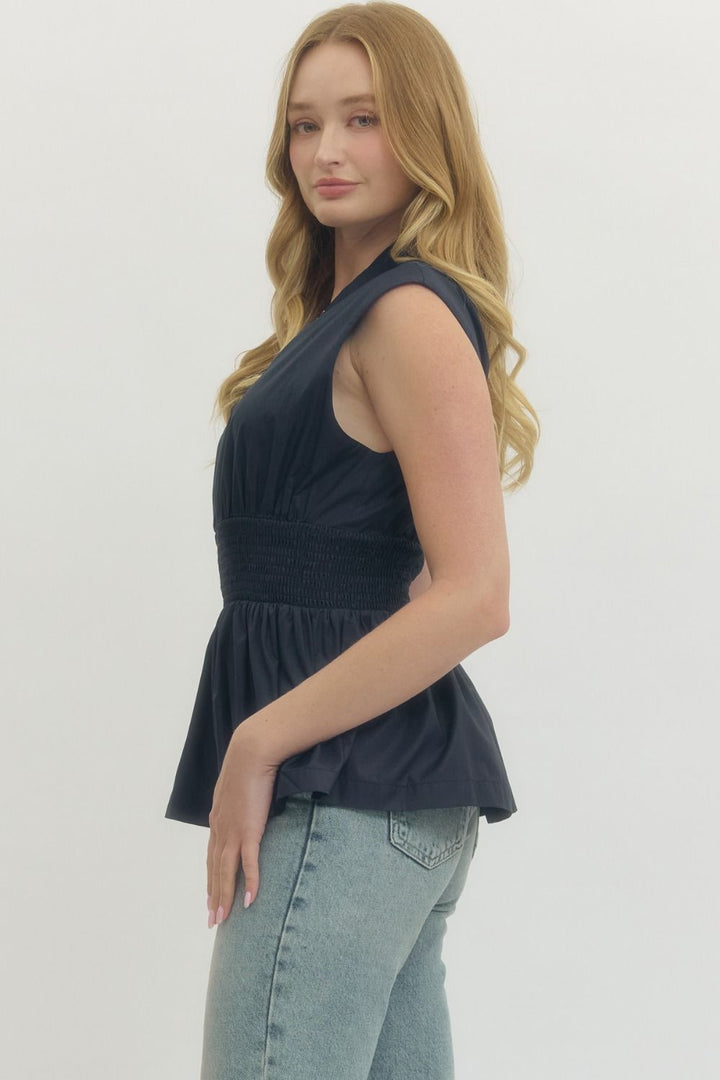 Smocked Waist Zip Front Peplum Top - Lush Lemon - Women's Clothing - Entro - 98338421639901