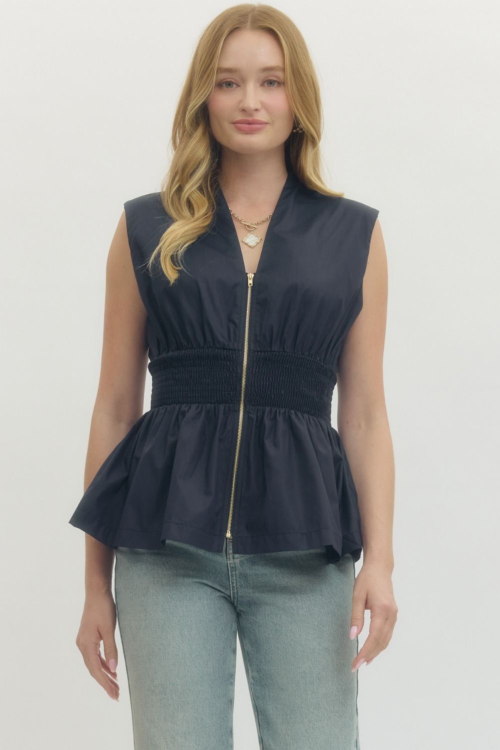 Smocked Waist Zip Front Peplum Top - Lush Lemon - Women's Clothing - Entro - 98338421639901