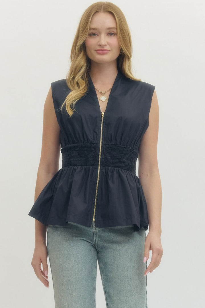 Smocked Waist Zip Front Peplum Top - Lush Lemon - Women's Clothing - Entro - 98338421639901