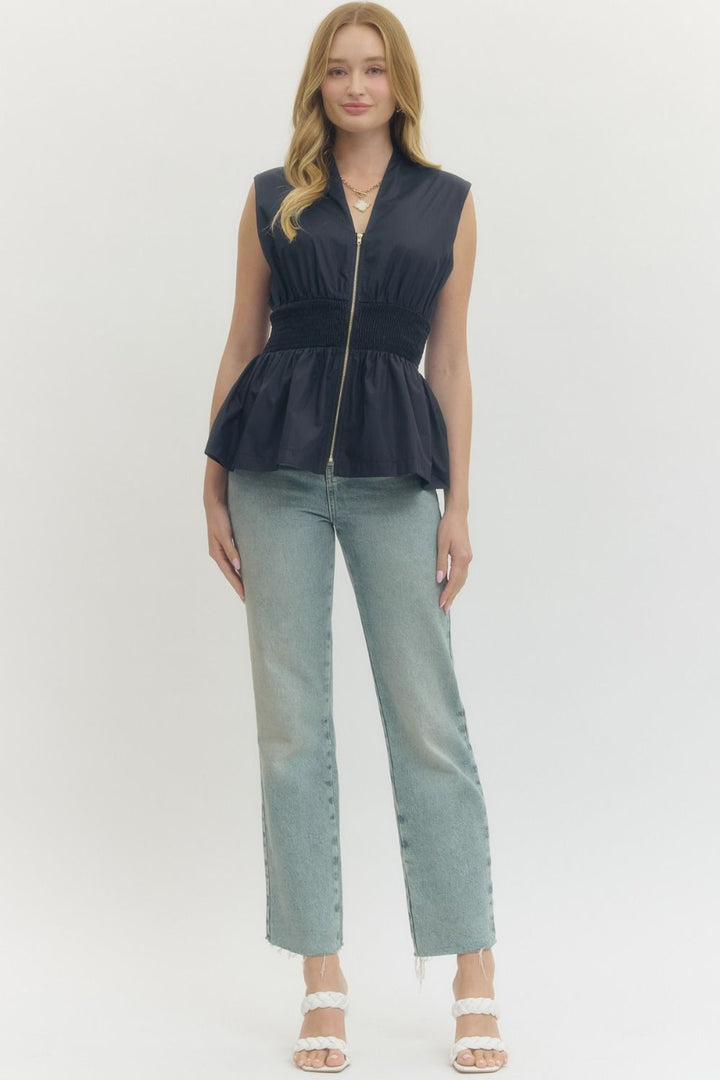 Smocked Waist Zip Front Peplum Top - Lush Lemon - Women's Clothing - Entro - 98338421639901
