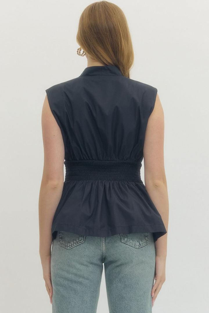 Smocked Waist Zip Front Peplum Top - Lush Lemon - Women's Clothing - Entro - 98338421639901
