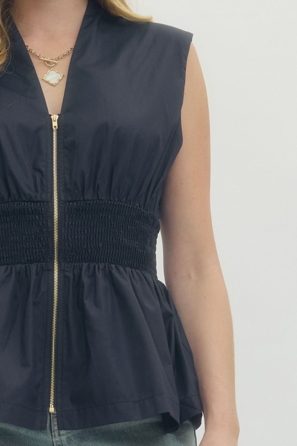Smocked Waist Zip Front Peplum Top - Lush Lemon - Women's Clothing - Entro - 98338421639901
