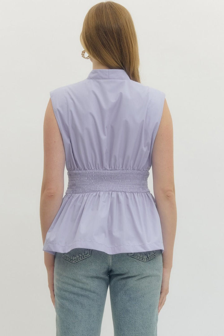 Smocked Waist Zip Front Peplum Top - Lush Lemon - Women's Clothing - Entro - 98338421938205