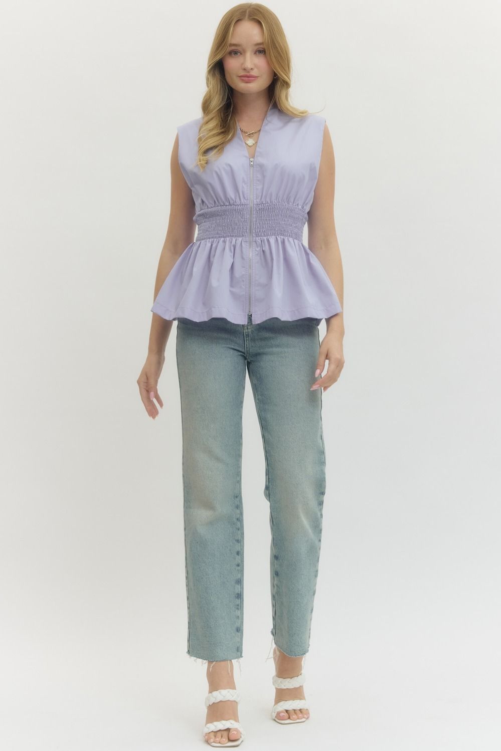Smocked Waist Zip Front Peplum Top - Lush Lemon - Women's Clothing - Entro - 98338421938205