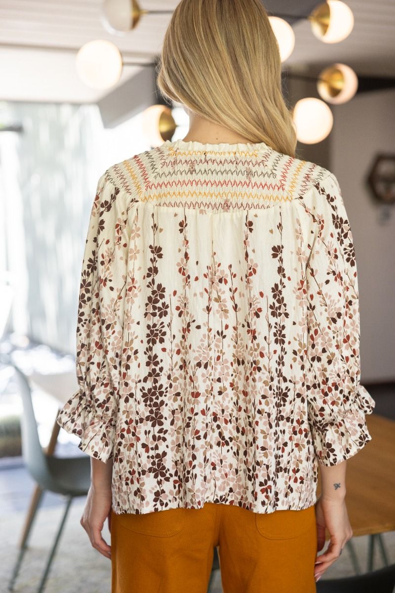 Smocked Yoke Floral Puff Sleeve Top - Lush Lemon - Women's Clothing - Voy - 61272611052317