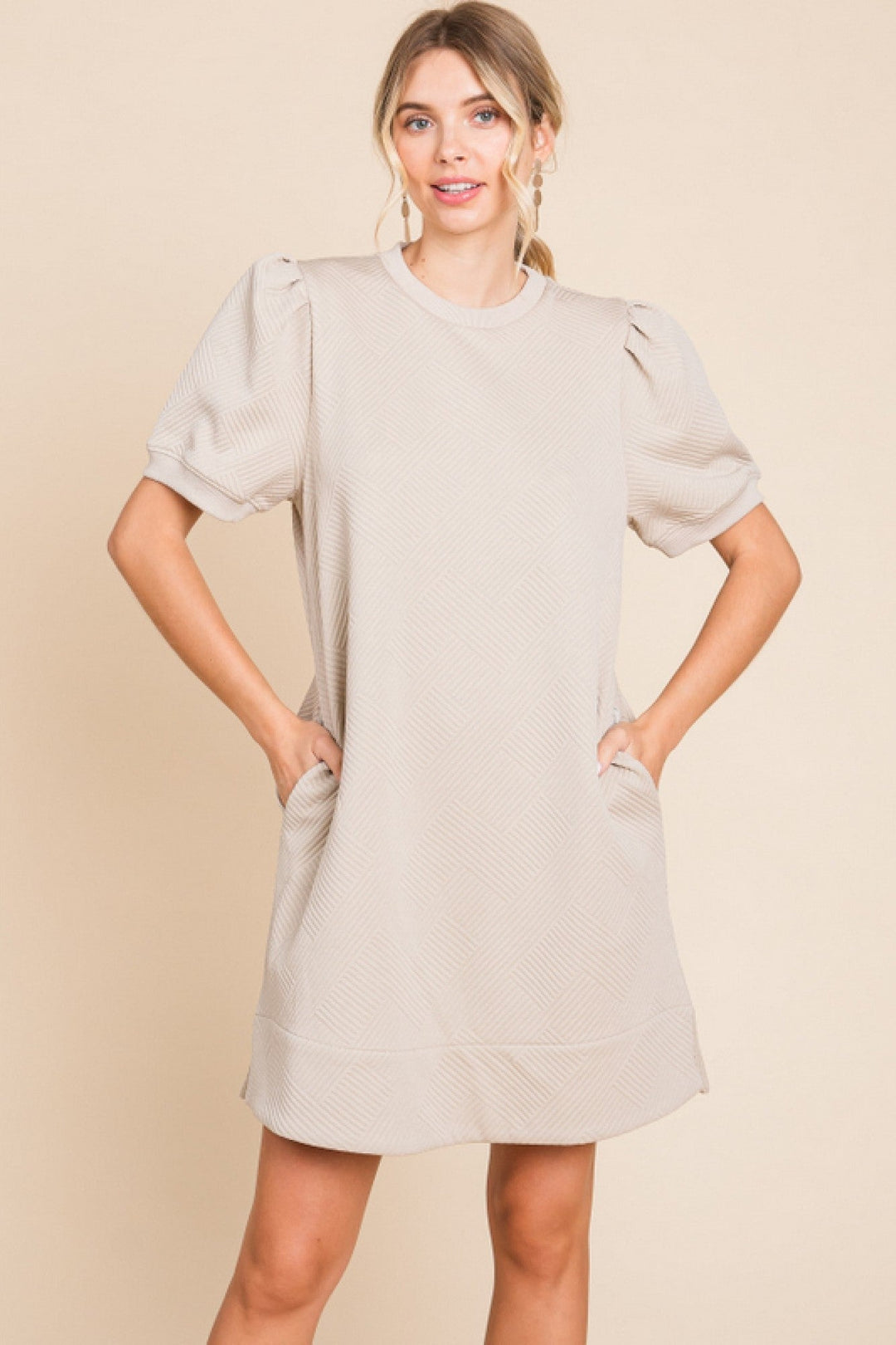 Soft Textured Puff Sleeve Dress - Lush Lemon - Women's Clothing - Jodifl - 11499114994