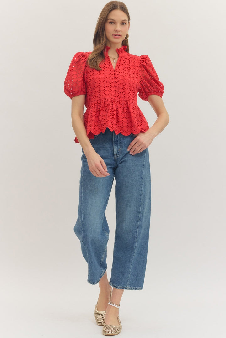 Solid Eyelet Puff Sleeve Top W/ Scallop Hem - Lush Lemon - Women's Clothing - Entro - 33066422804829