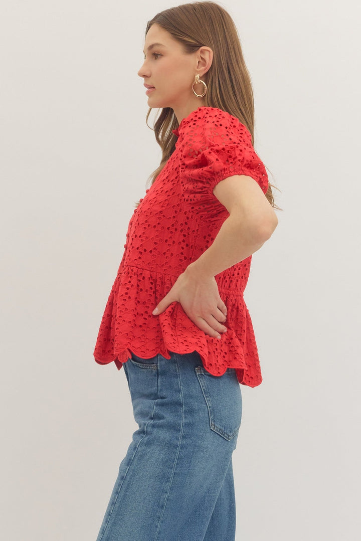 Solid Eyelet Puff Sleeve Top W/ Scallop Hem - Lush Lemon - Women's Clothing - Entro - 33066422804829
