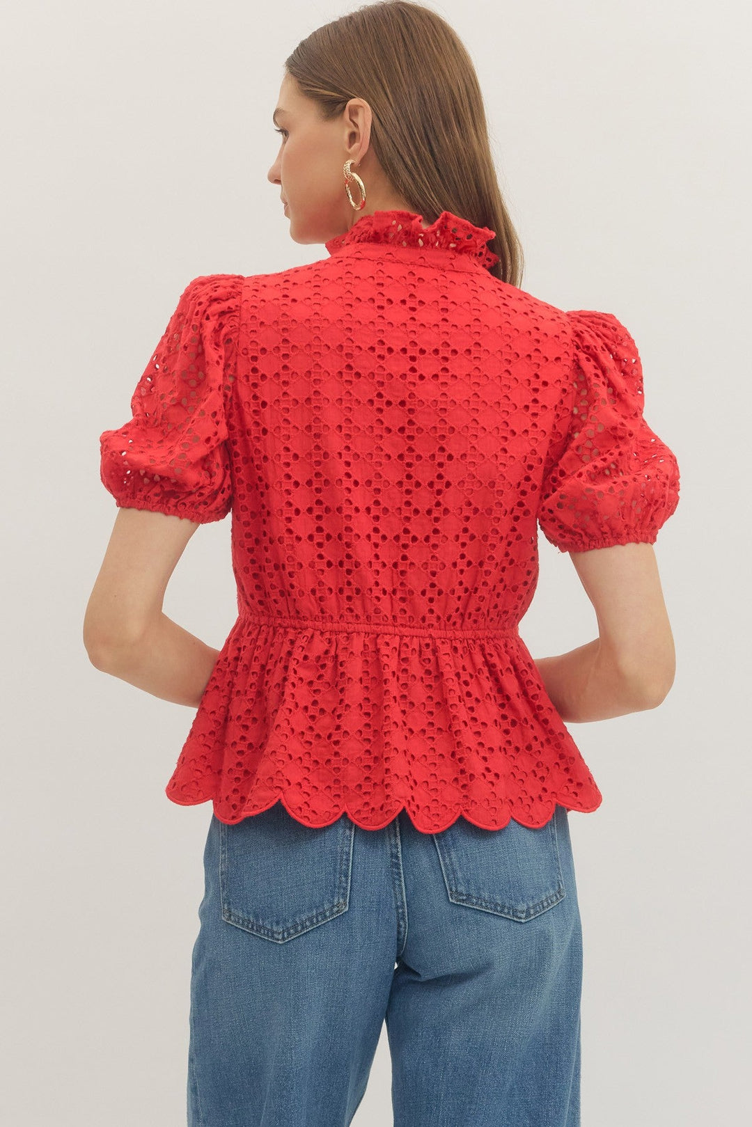 Solid Eyelet Puff Sleeve Top W/ Scallop Hem - Lush Lemon - Women's Clothing - Entro - 33066422804829