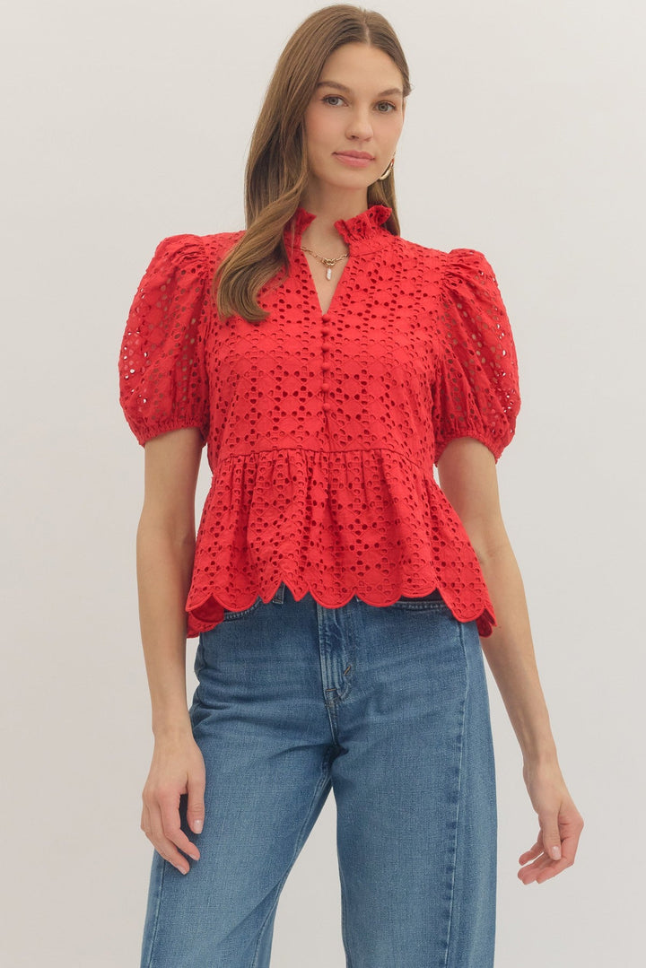 Solid Eyelet Puff Sleeve Top W/ Scallop Hem - Lush Lemon - Women's Clothing - Entro - 33066422804829