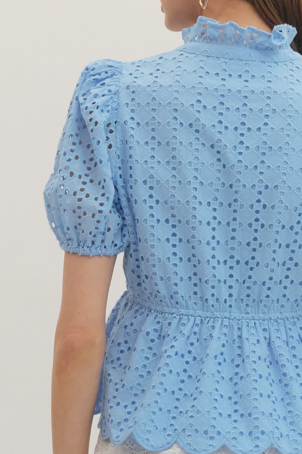 Solid Eyelet Puff Sleeve Top W/ Scallop Hem - Lush Lemon - Women's Clothing - Entro - 52371181691997