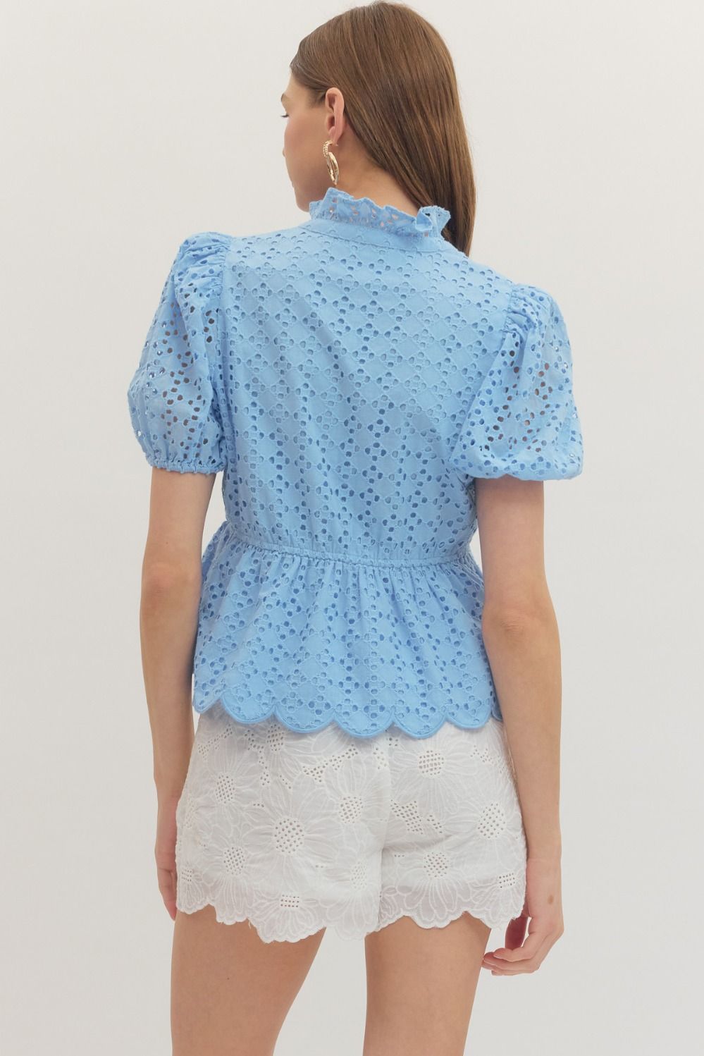 Solid Eyelet Puff Sleeve Top W/ Scallop Hem - Lush Lemon - Women's Clothing - Entro - 52371181691997