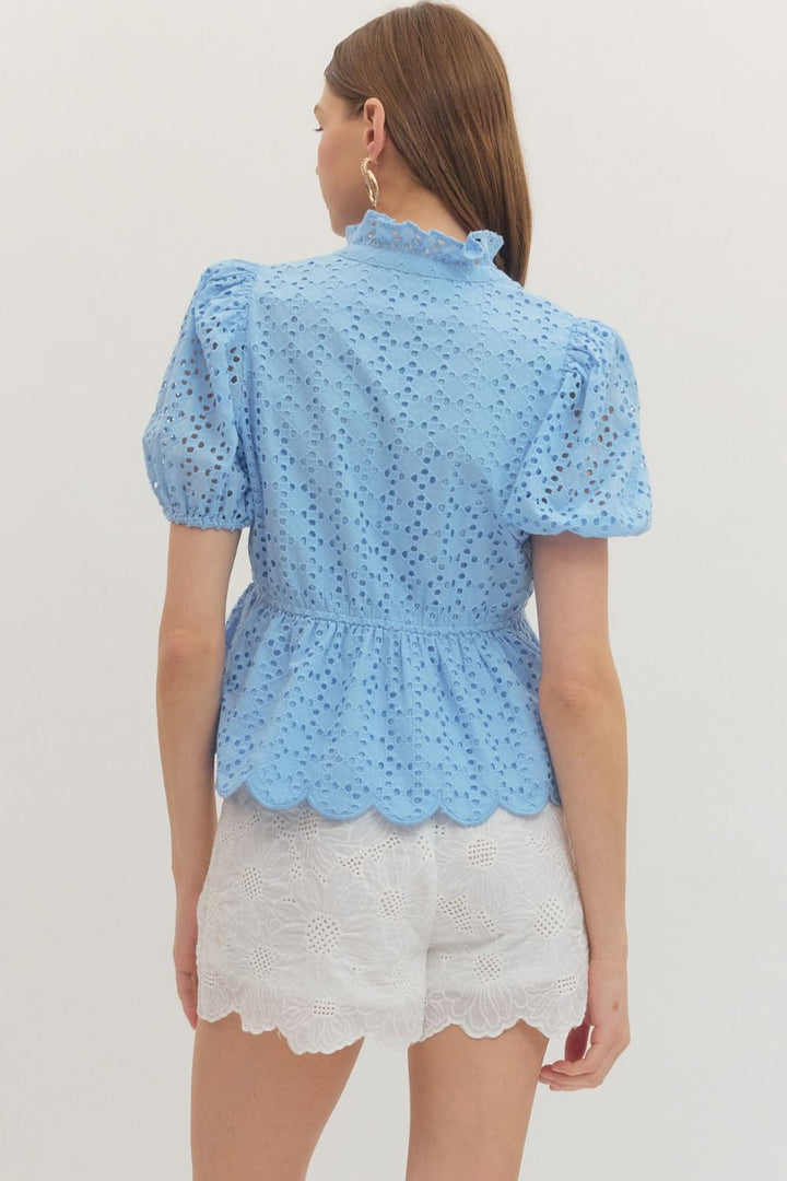 Solid Eyelet Puff Sleeve Top W/ Scallop Hem - Lush Lemon - Women's Clothing - Entro - 52371181691997