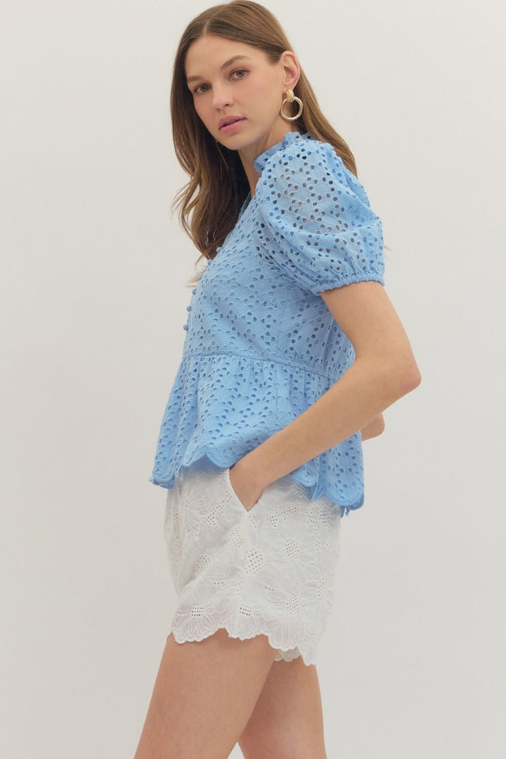 Solid Eyelet Puff Sleeve Top W/ Scallop Hem - Lush Lemon - Women's Clothing - Entro - 52371181691997
