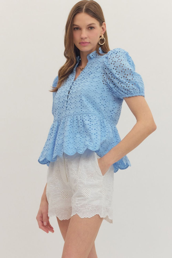 Solid Eyelet Puff Sleeve Top W/ Scallop Hem - Lush Lemon - Women's Clothing - Entro - 52371181691997