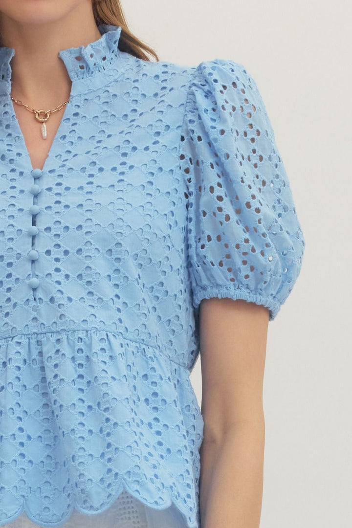 Solid Eyelet Puff Sleeve Top W/ Scallop Hem - Lush Lemon - Women's Clothing - Entro - 52371181691997