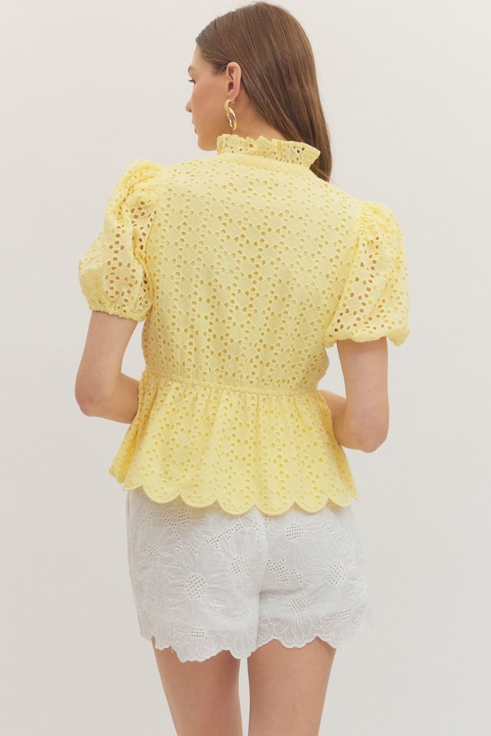Solid Eyelet Puff Sleeve Top W/ Scallop Hem - Lush Lemon - Women's Clothing - Entro - 60832801909021