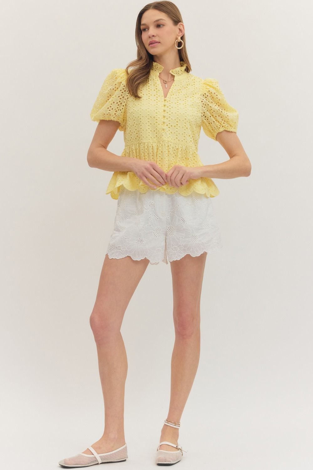 Solid Eyelet Puff Sleeve Top W/ Scallop Hem - Lush Lemon - Women's Clothing - Entro - 60832801909021