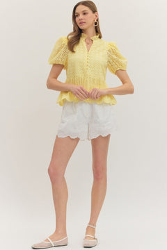 Solid Eyelet Puff Sleeve Top W/ Scallop Hem - Lush Lemon - Women&