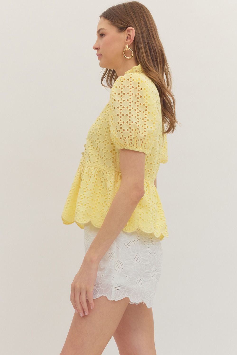 Solid Eyelet Puff Sleeve Top W/ Scallop Hem - Lush Lemon - Women's Clothing - Entro - 60832801909021