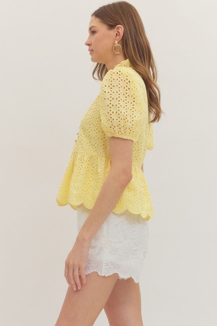 Solid Eyelet Puff Sleeve Top W/ Scallop Hem - Lush Lemon - Women's Clothing - Entro - 60832801909021