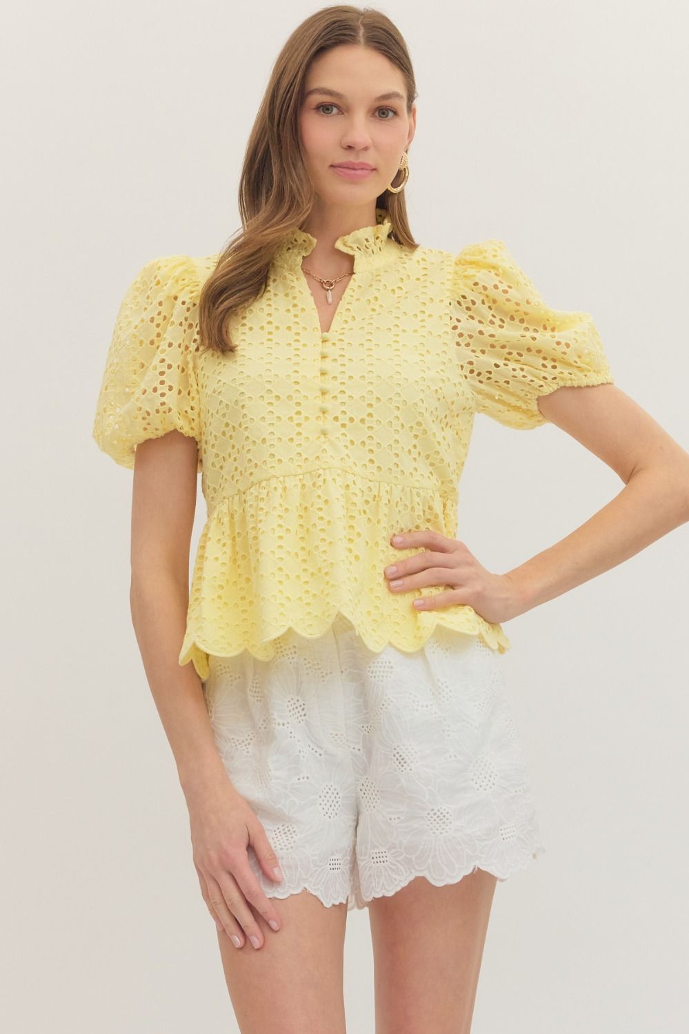 Solid Eyelet Puff Sleeve Top W/ Scallop Hem - Lush Lemon - Women's Clothing - Entro - 60832801909021