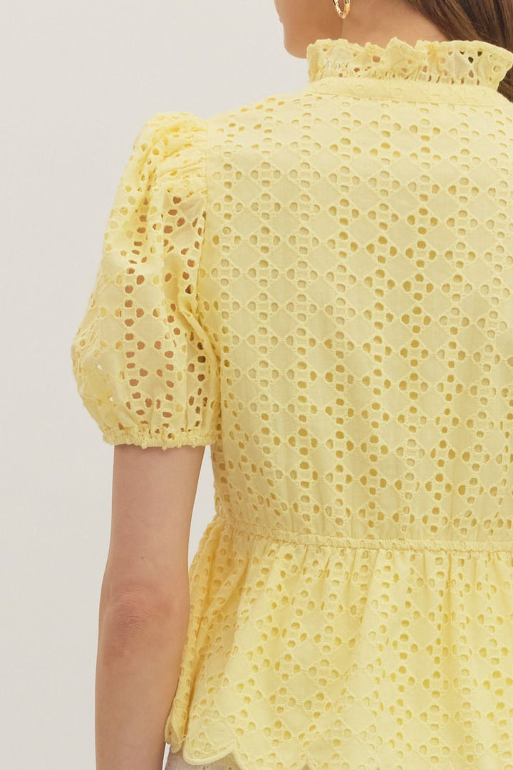 Solid Eyelet Puff Sleeve Top W/ Scallop Hem - Lush Lemon - Women's Clothing - Entro - 60832801909021