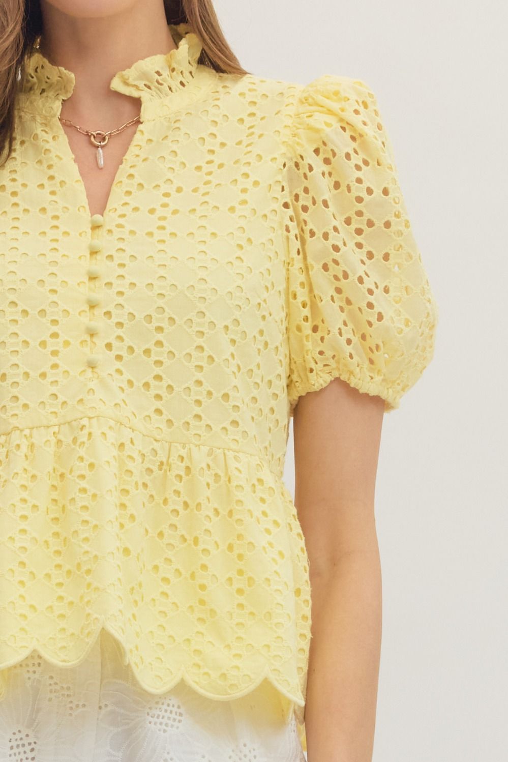 Solid Eyelet Puff Sleeve Top W/ Scallop Hem - Lush Lemon - Women's Clothing - Entro - 60832801909021
