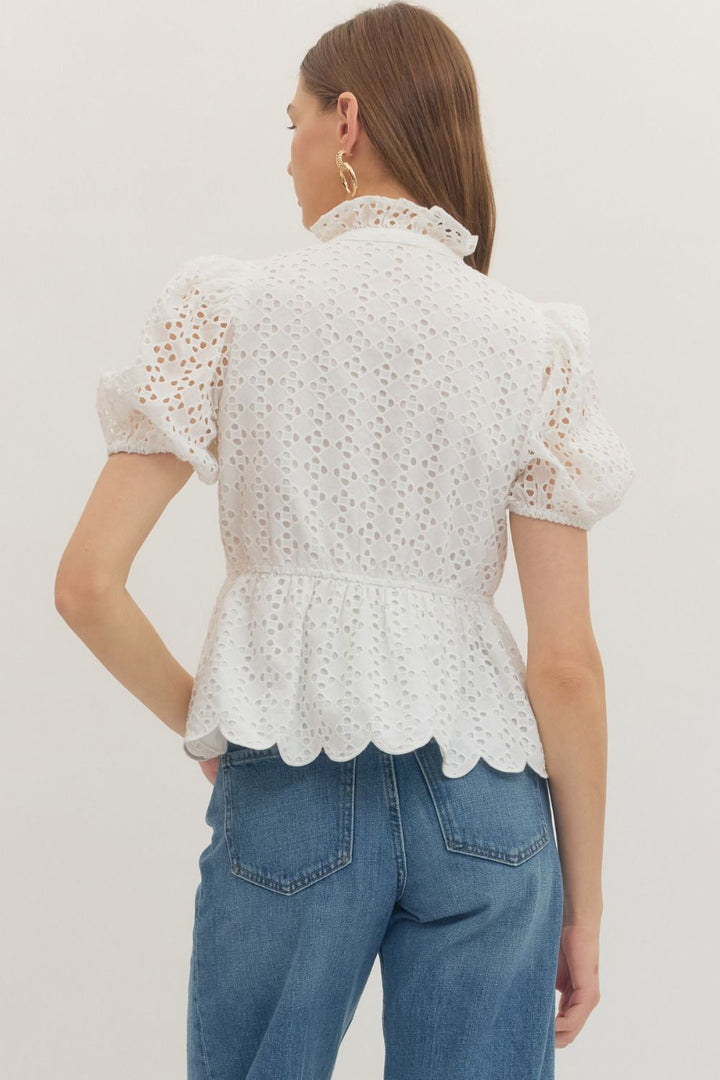Solid Eyelet Puff Sleeve Top W/ Scallop Hem - Lush Lemon - Women's Clothing - Entro - 60832802207325