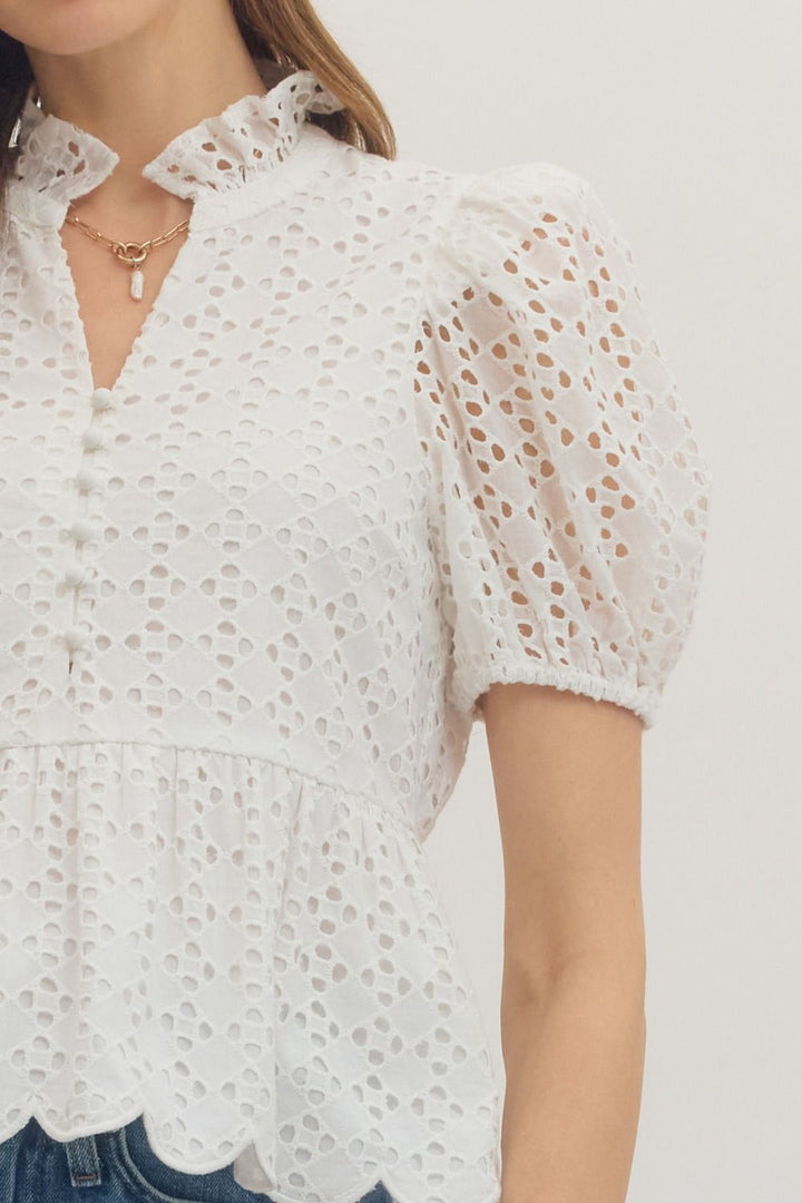 Solid Eyelet Puff Sleeve Top W/ Scallop Hem - Lush Lemon - Women's Clothing - Entro - 60832802207325