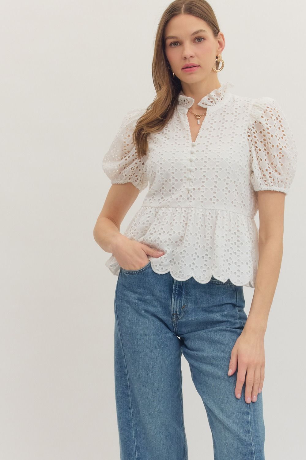 Solid Eyelet Puff Sleeve Top W/ Scallop Hem - Lush Lemon - Women's Clothing - Entro - 60832802207325