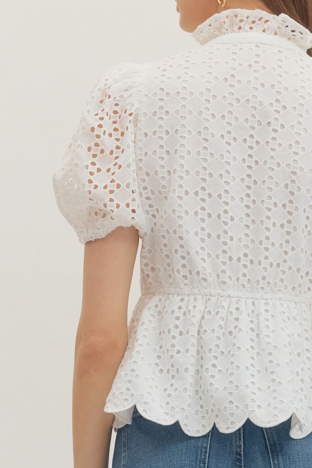 Solid Eyelet Puff Sleeve Top W/ Scallop Hem - Lush Lemon - Women's Clothing - Entro - 60832802207325