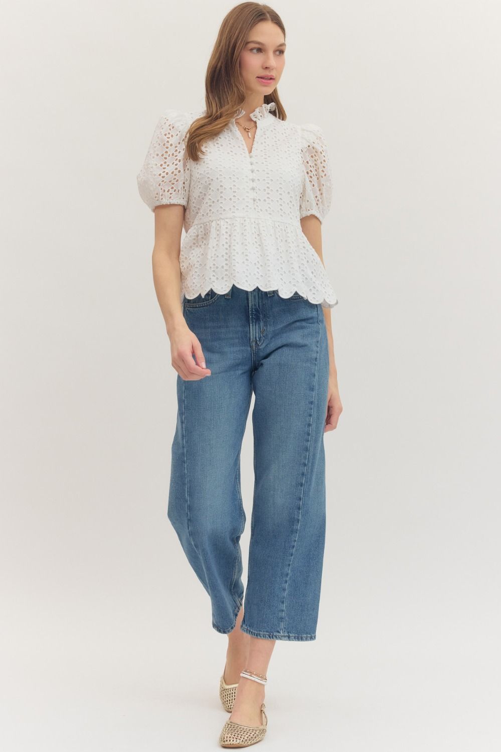 Solid Eyelet Puff Sleeve Top W/ Scallop Hem - Lush Lemon - Women's Clothing - Entro - 60832802207325