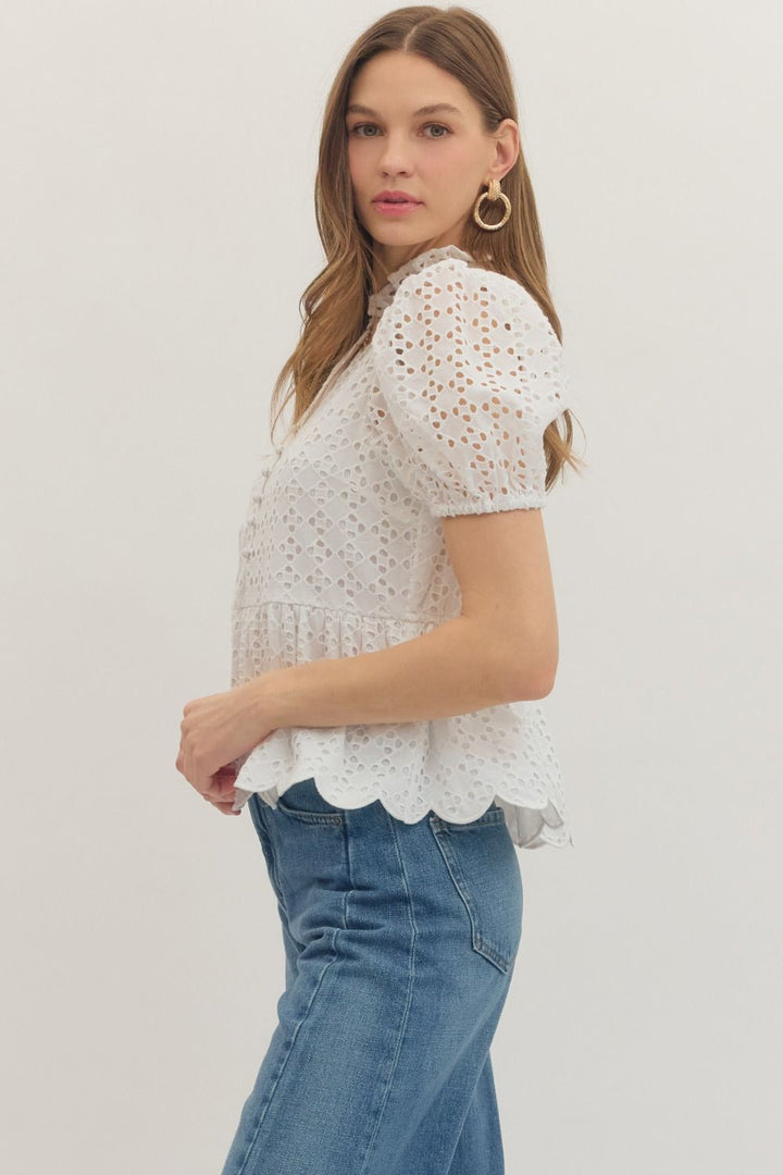 Solid Eyelet Puff Sleeve Top W/ Scallop Hem - Lush Lemon - Women's Clothing - Entro - 60832802207325
