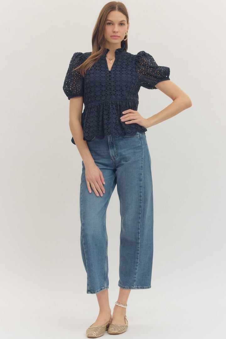 Solid Eyelet Puff Sleeve Top W/ Scallop Hem - Lush Lemon - Women's Clothing - Entro - 