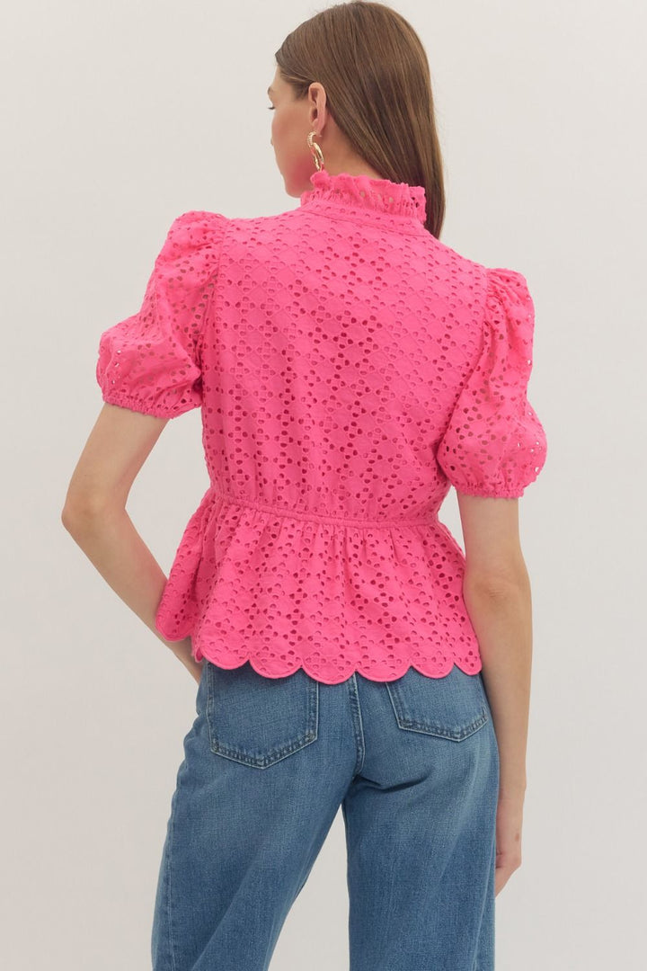 Solid Eyelet Puff Sleeve Top W/ Scallop Hem - Lush Lemon - Women's Clothing - Entro - 