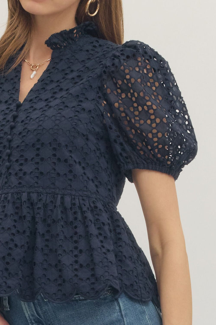 Solid Eyelet Puff Sleeve Top W/ Scallop Hem - Lush Lemon - Women's Clothing - Entro - 