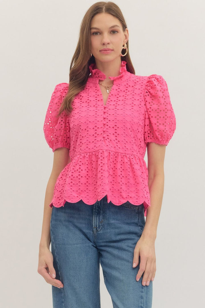 Solid Eyelet Puff Sleeve Top W/ Scallop Hem - Lush Lemon - Women's Clothing - Entro - 