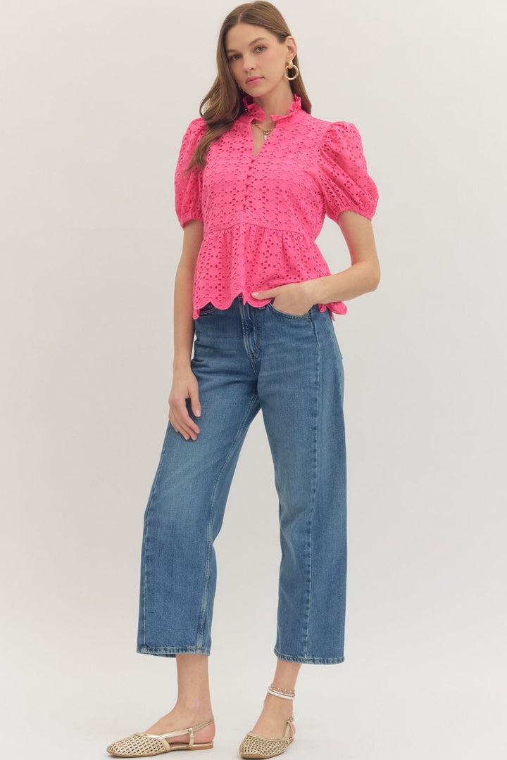 Solid Eyelet Puff Sleeve Top W/ Scallop Hem - Lush Lemon - Women's Clothing - Entro - 
