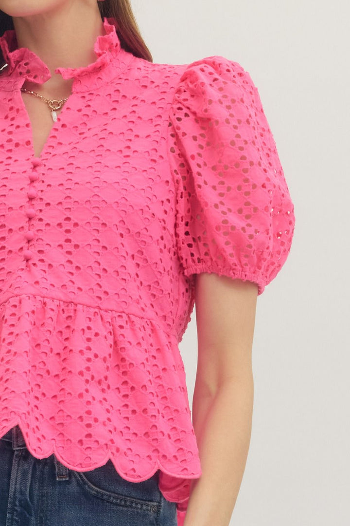 Solid Eyelet Puff Sleeve Top W/ Scallop Hem - Lush Lemon - Women's Clothing - Entro - 
