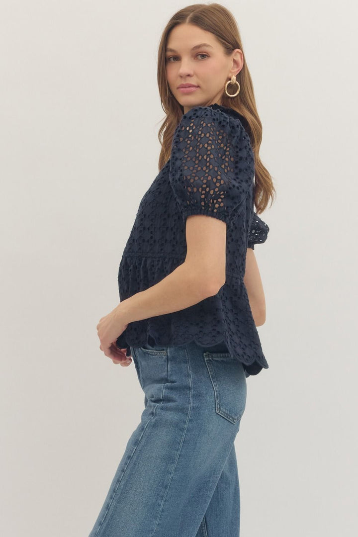 Solid Eyelet Puff Sleeve Top W/ Scallop Hem - Lush Lemon - Women's Clothing - Entro - 