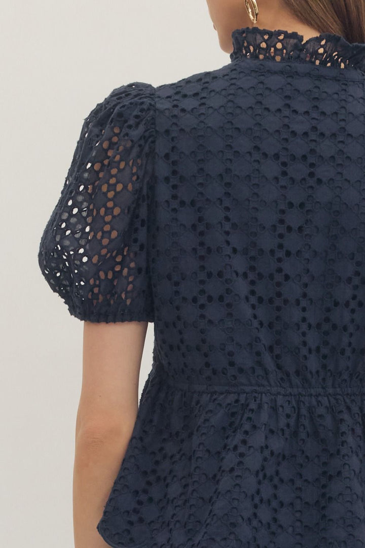 Solid Eyelet Puff Sleeve Top W/ Scallop Hem - Lush Lemon - Women's Clothing - Entro - 