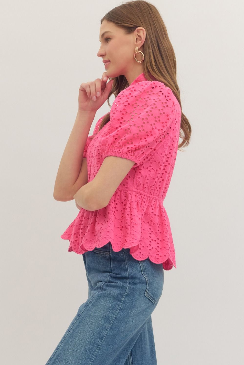 Solid Eyelet Puff Sleeve Top W/ Scallop Hem - Lush Lemon - Women's Clothing - Entro - 
