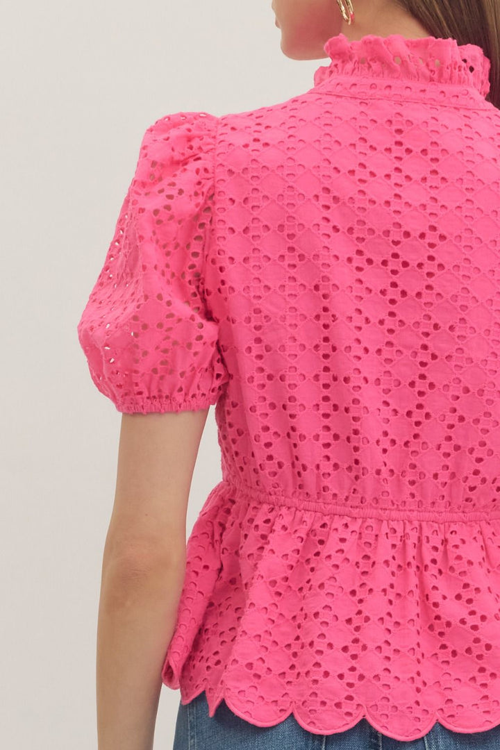 Solid Eyelet Puff Sleeve Top W/ Scallop Hem - Lush Lemon - Women's Clothing - Entro - 