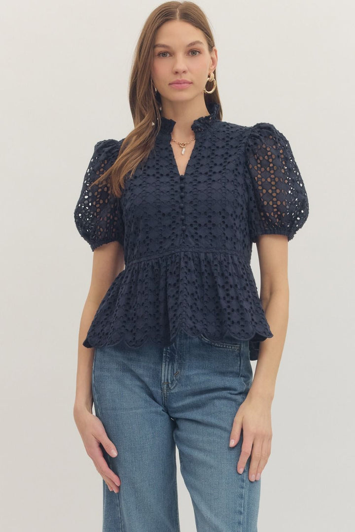 Solid Eyelet Puff Sleeve Top W/ Scallop Hem - Lush Lemon - Women's Clothing - Entro - 