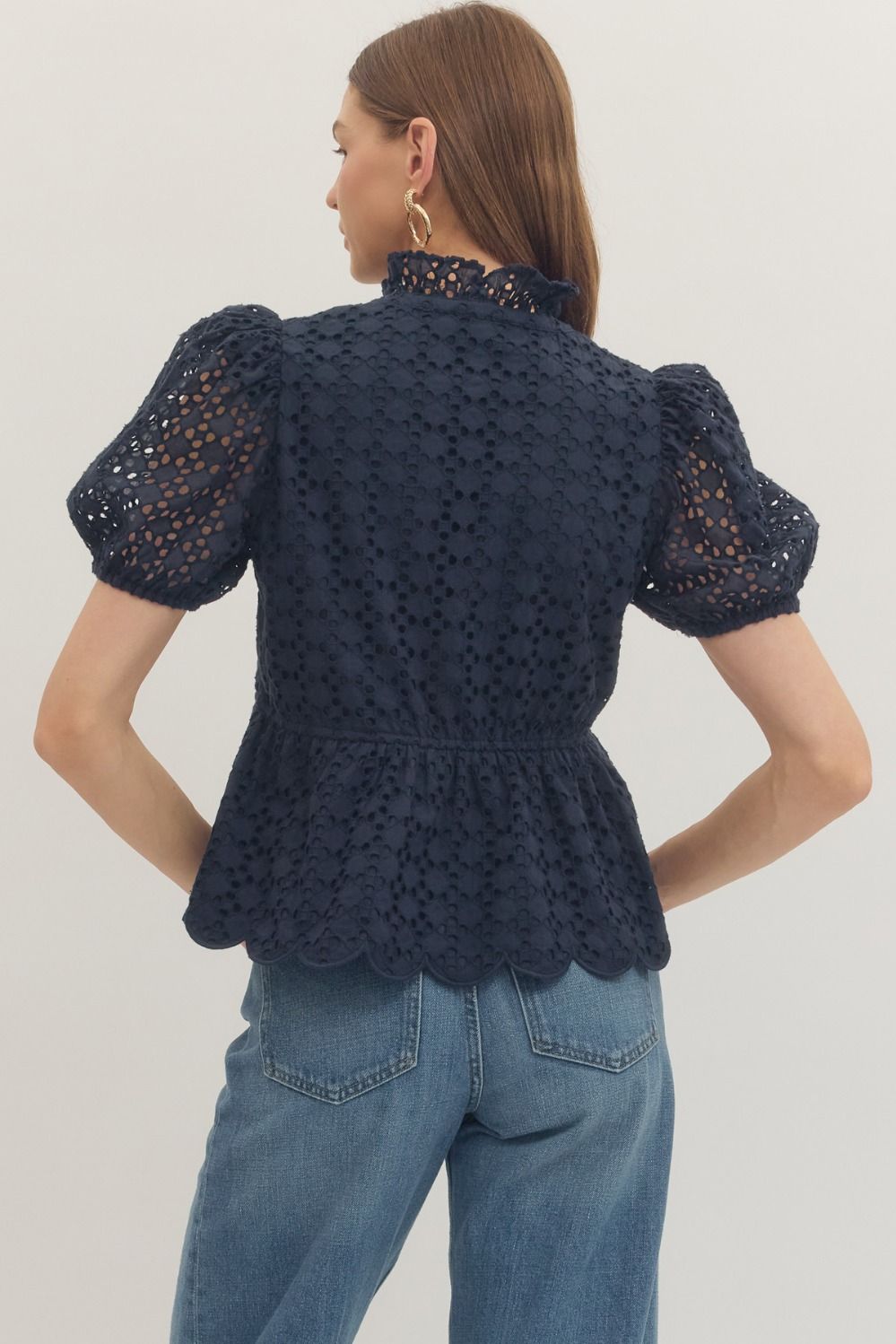Solid Eyelet Puff Sleeve Top W/ Scallop Hem - Lush Lemon - Women's Clothing - Entro - 