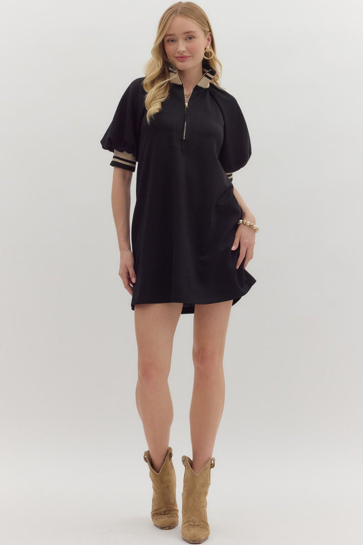 Solid Knit Mini Dress W/Zip Neck - Lush Lemon - Women's Clothing - Entro - 84167641015325