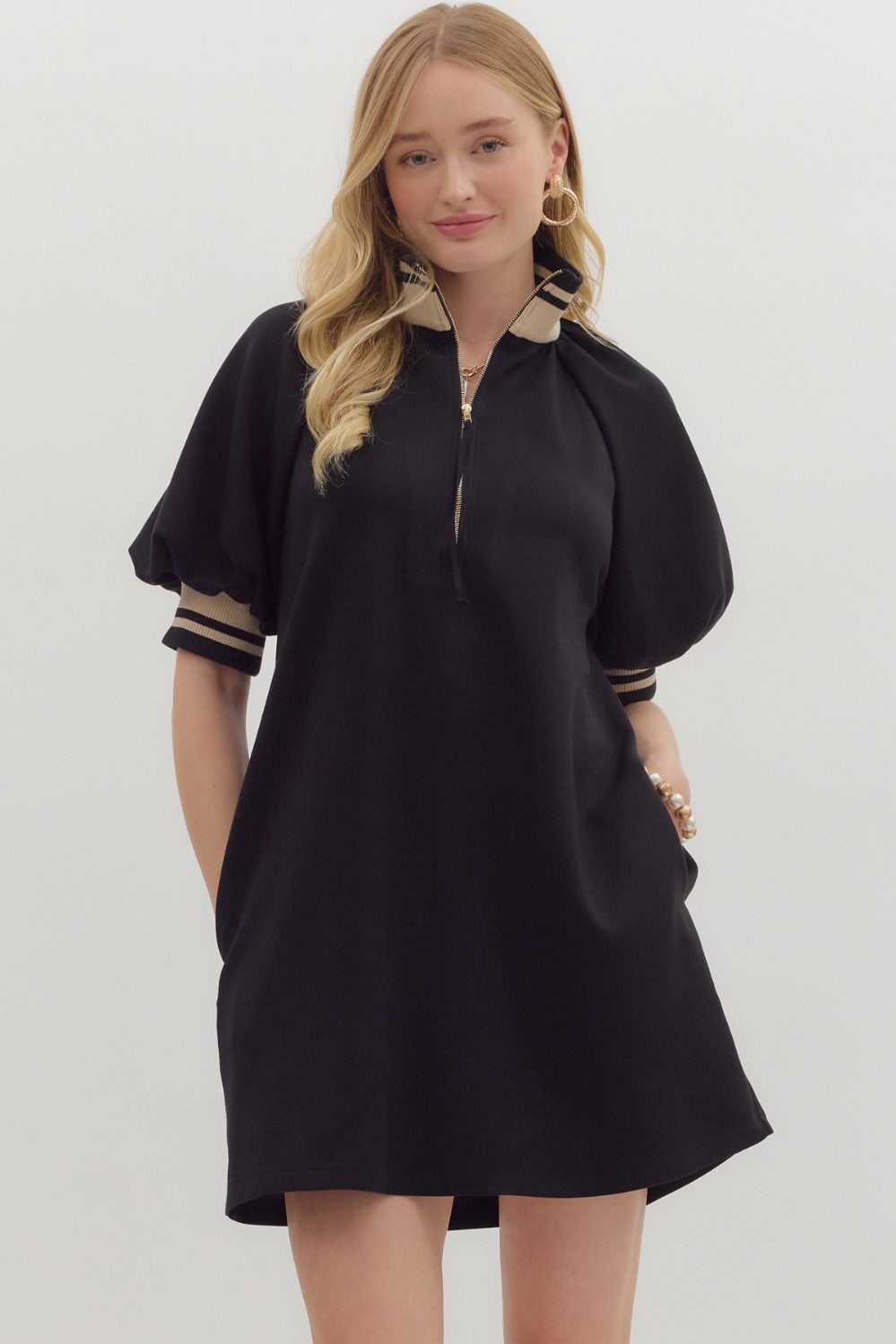 Solid Knit Mini Dress W/Zip Neck - Lush Lemon - Women's Clothing - Entro - 84167641015325