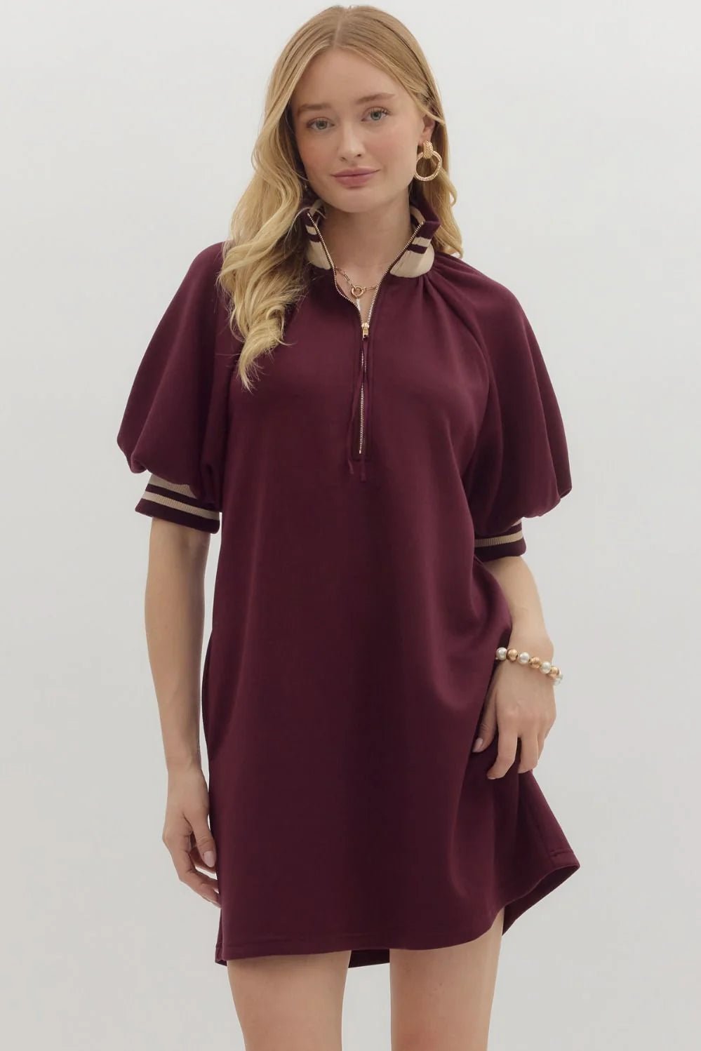 Solid Knit Mini Dress W/Zip Neck - Lush Lemon - Women's Clothing - Entro - 89597661320029