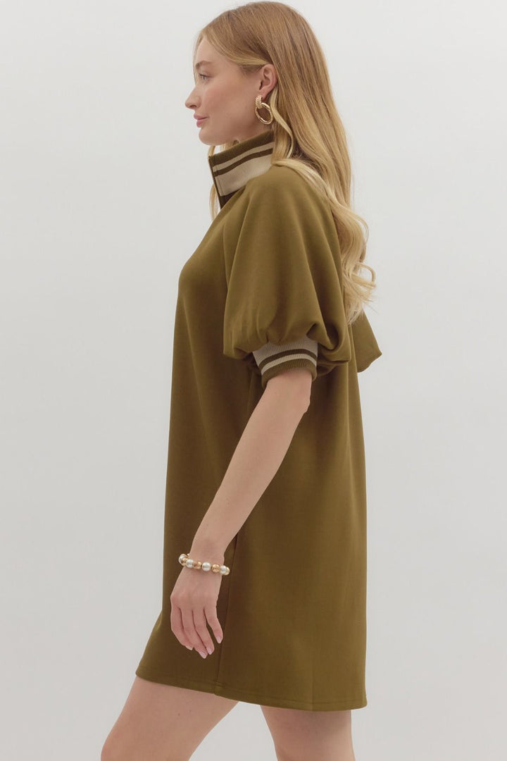 Solid Knit Mini Dress W/Zip Neck - Lush Lemon - Women's Clothing - Entro - 89597661618333